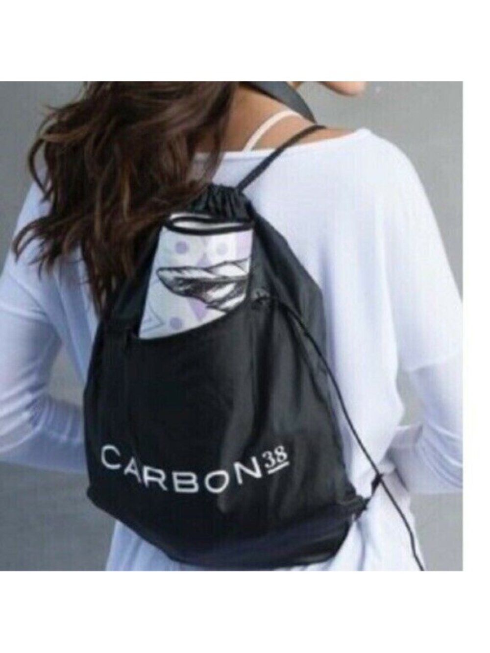 Carbon38 Cinch Drawstring Backpack Nylon w/ Zipper Bag Black Yoga Gym NEW Travel